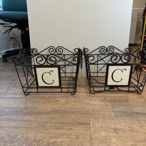 Black Metal Hanging Planters, letter "C" tile on front can be replaced.